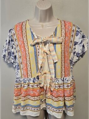 Kori American Boho Stripe Tie-Front Peplum Top - Multi Large 🌞